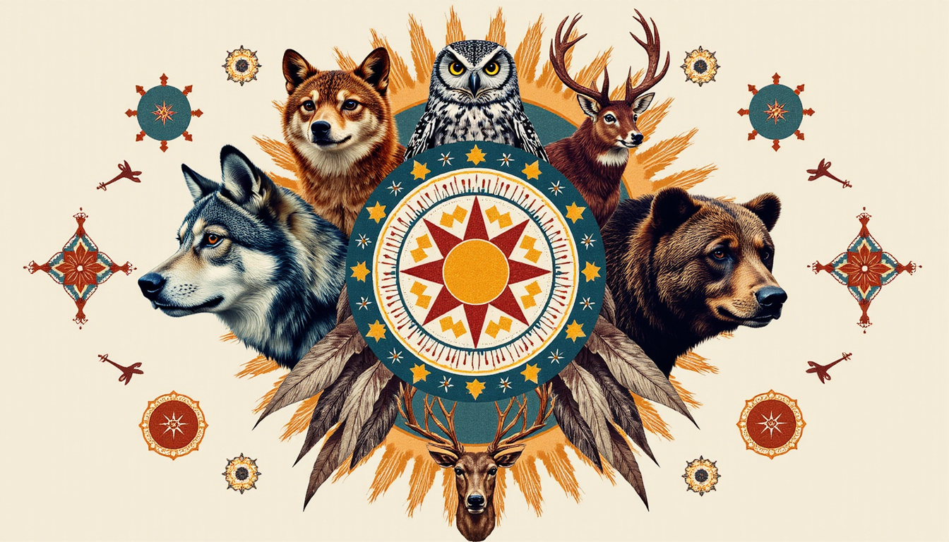  Collage of animal totems - wolf, owl, bear, deer - surrounded by celestial mandala, sacred symbols