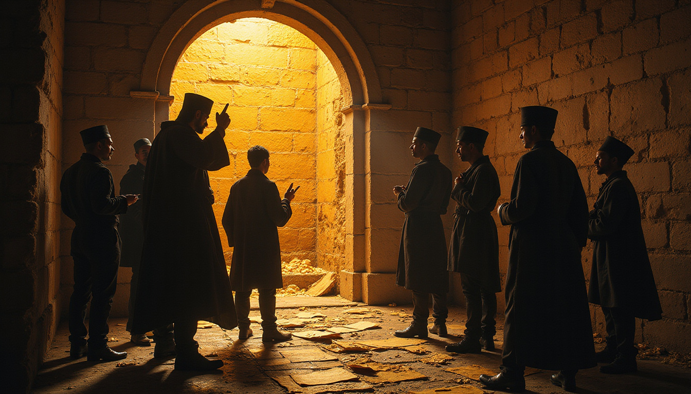  Shadowy scholars investigating secretive vaults, torn documents, golden relics gleaming amid scandalous whispers