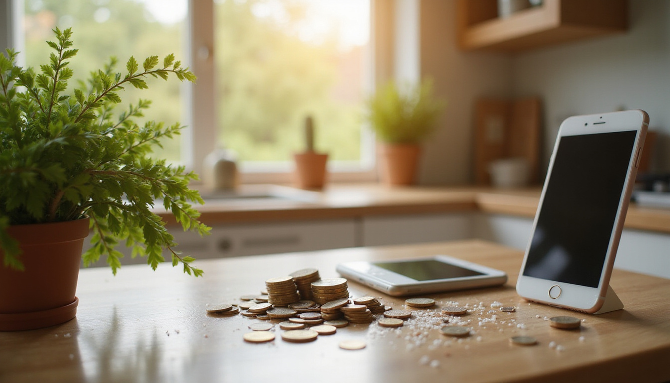  Family kitchen ritual: herbs, coins, spilled salt, smartphone calendars, warm morning light, intimate