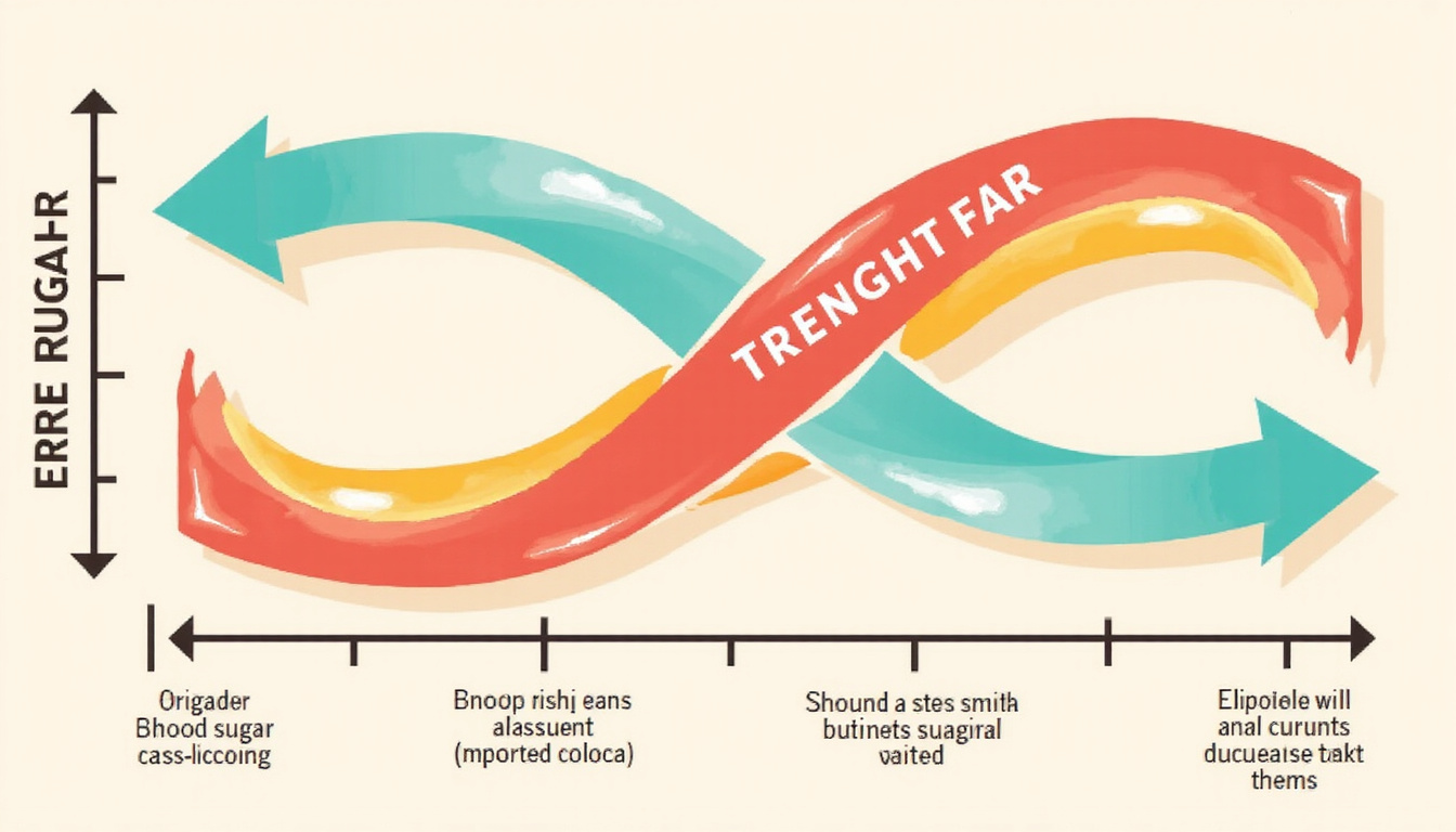  Stylized infographic: blood sugar curve transforming into shrinking waistline, vibrant colors, dynamic arrows