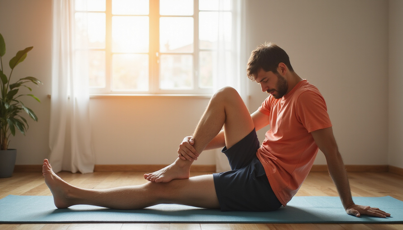 Calm man performing hamstring stretch on yoga mat, soft morning light, pain dissolving visualized