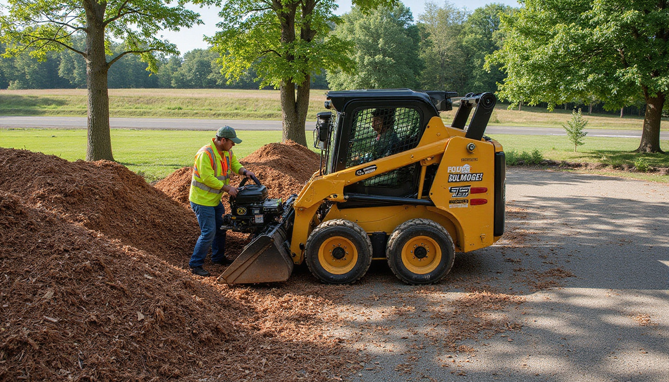  Professional crew using skid-steer loader and leaf blower, efficient cleanup, tidy mulch piles, crisp shadows