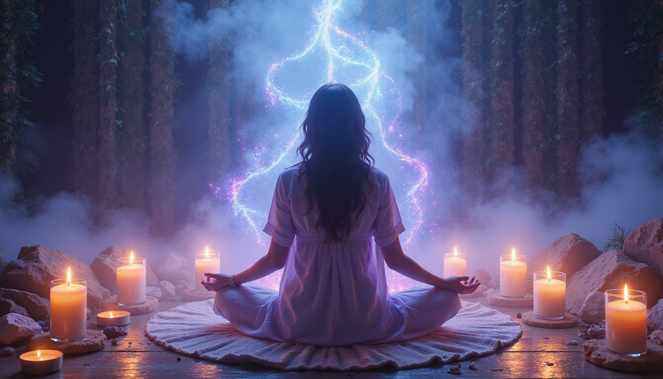  Daily ritual scene: candles, crystals, swirling energy, lotus posture, ethereal veil, whispering runes