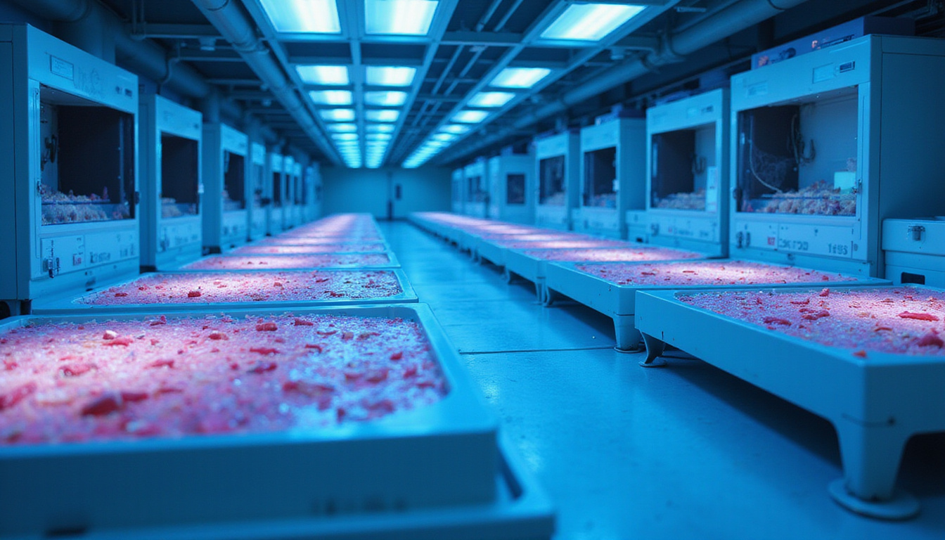  Rows of bioreactors cultivating human organs under soft blue light, AI monitors mapping tissue growth