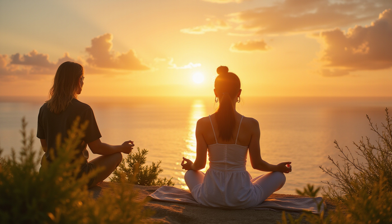  Serene natural healing scene: patient practicing yoga, hands-on massage, herbal remedies, sea breeze, golden sunrise