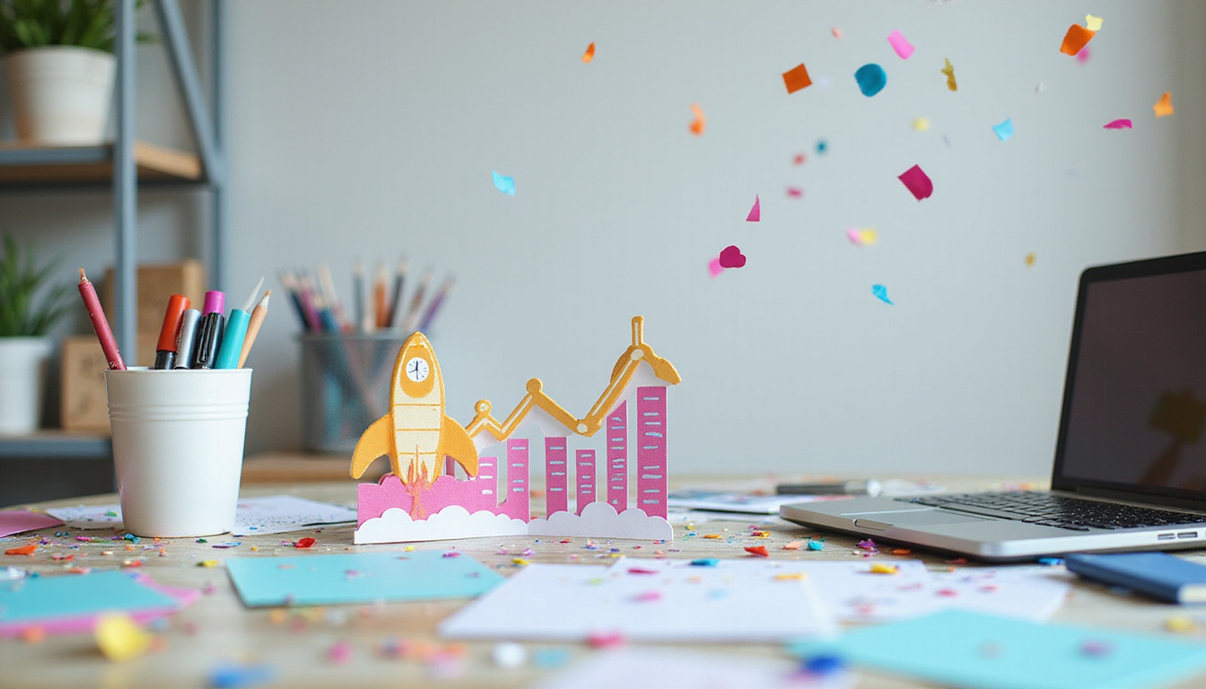  Creative studio desk with die-cut cards, colorful inks, laptop sales chart skyrocketing, celebratory confetti