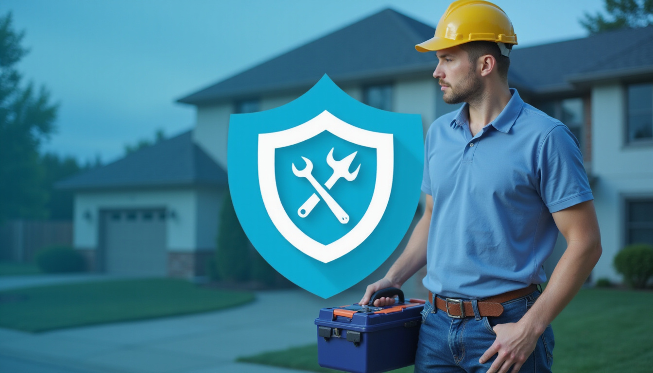  Handyman with toolbox and shield icon overlay repairing appliance, suburban home background, calm blue tones
