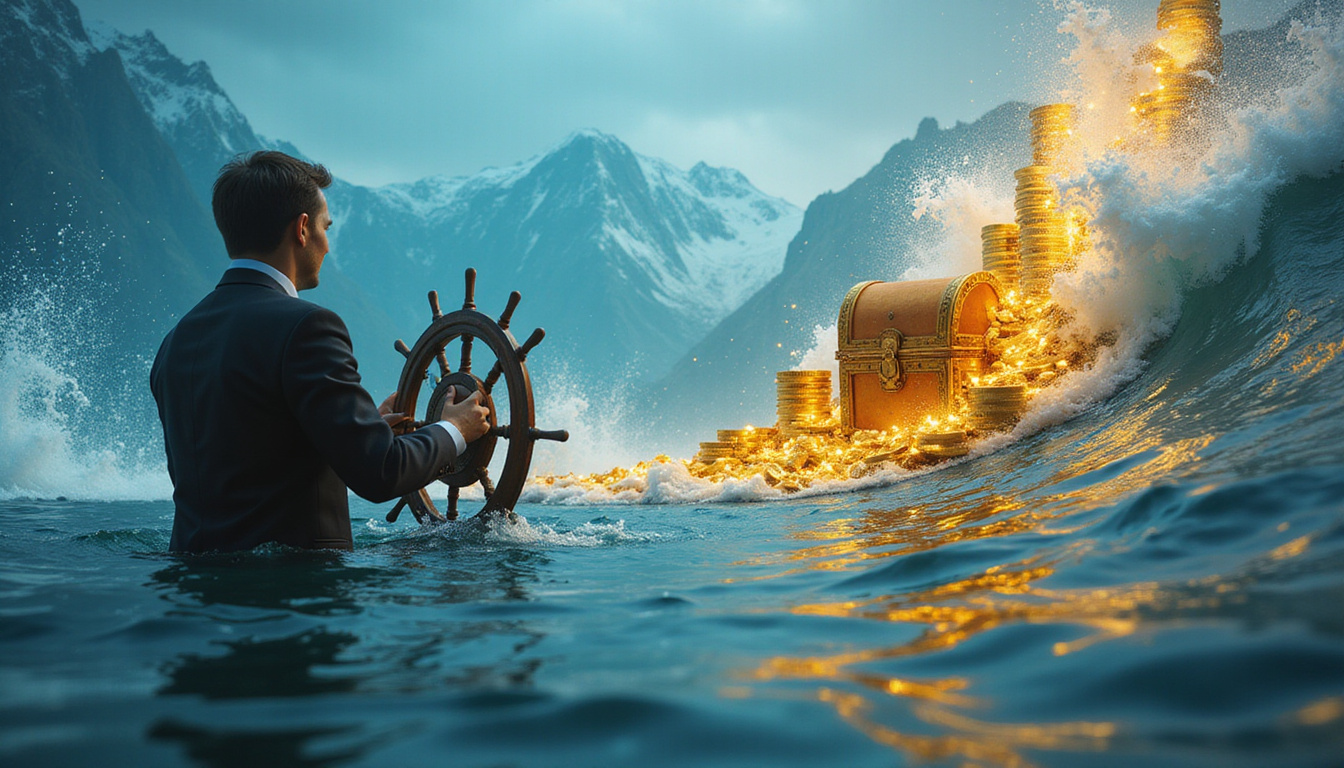  Modern entrepreneur at helm steering growth graph waves treasure chest overflowing with golden metrics