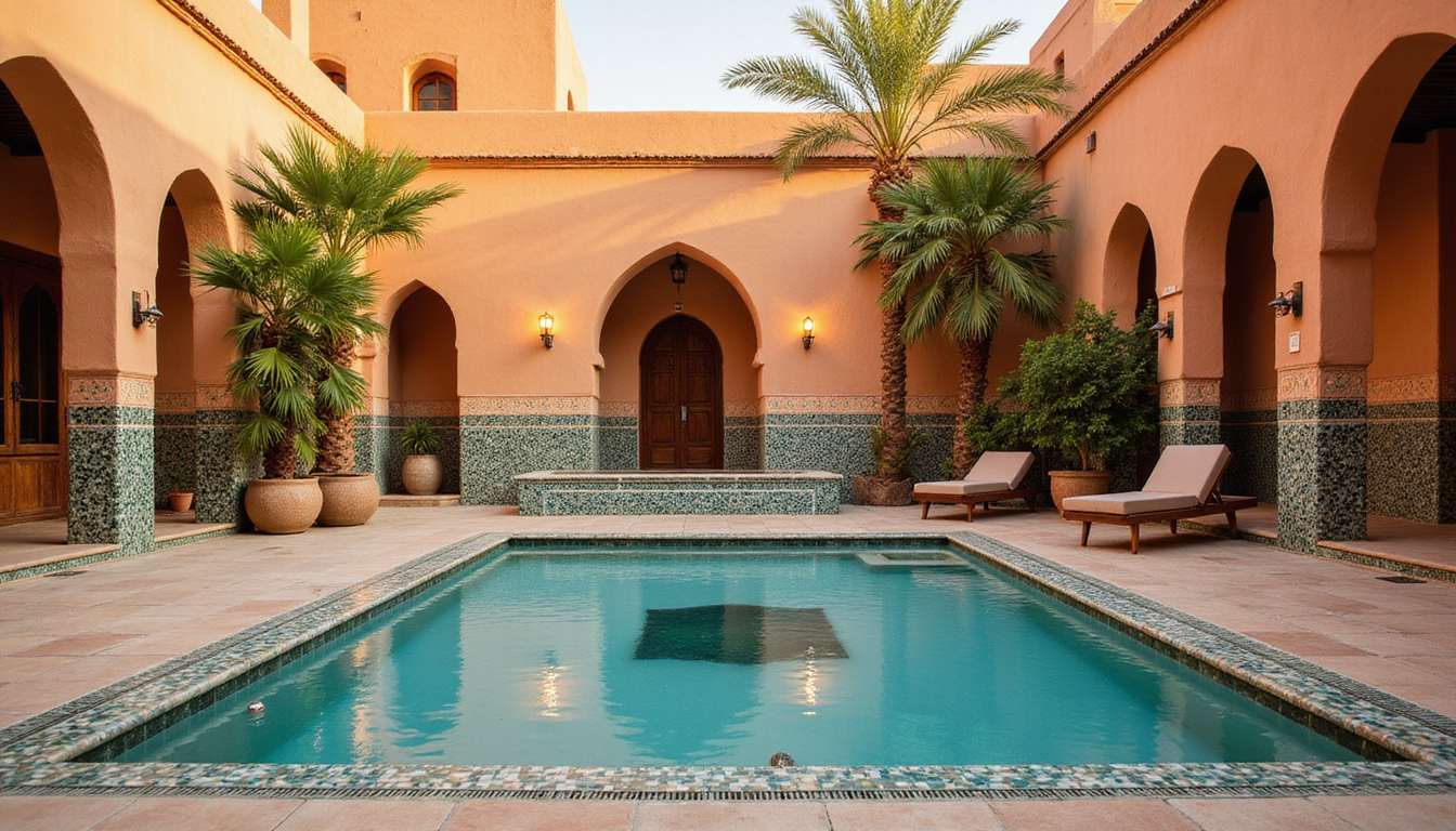  Serene desert resort spa courtyards, traditional hammam, mosaic tiles, warm golden light
