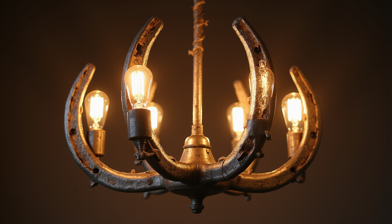 Upcycled horseshoe chandelier with Edison bulbs, industrial elegance, hammered metal texture, cozy ambient glow
