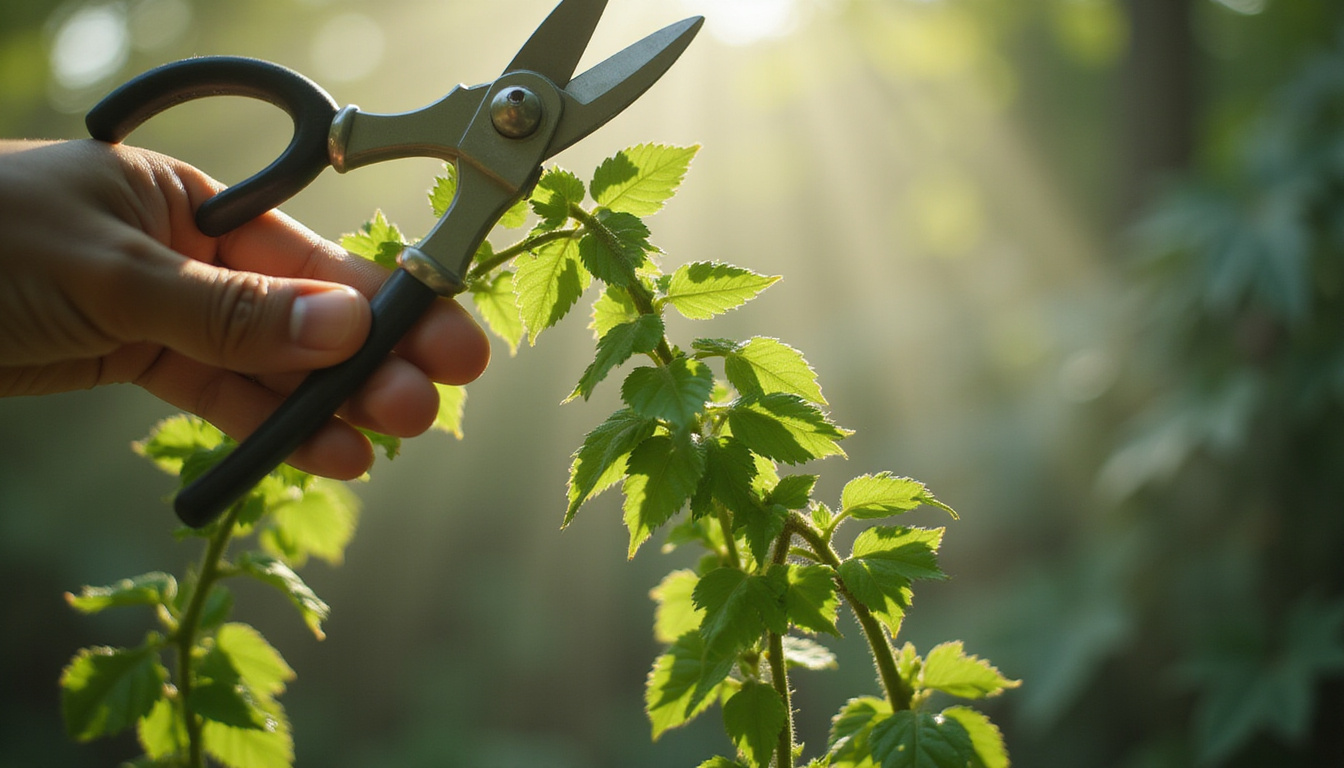  Close-up pruning hands shaping cascading money plant vines, gentle mist, feng shui abundance glow