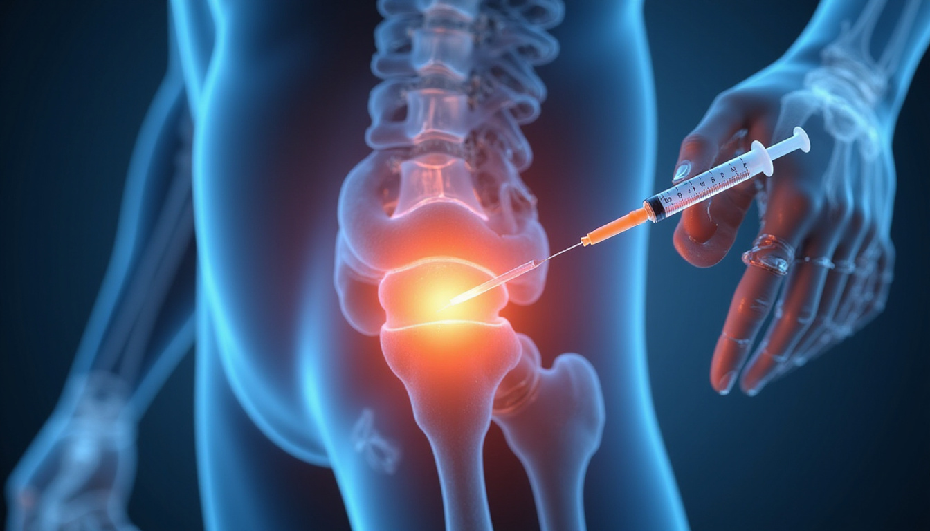  Anatomical overlay of joints with syringe, subtle warning icons, hopeful recovery light