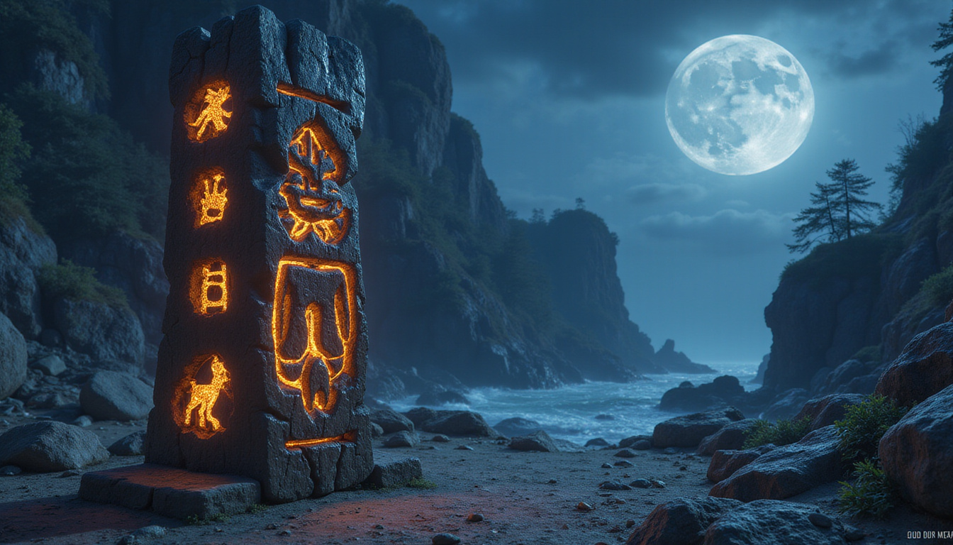 Ancient totem carved with animal symbols, glowing runes, moonlit cliffs, seeker tracing signs