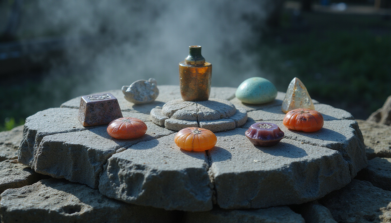  Array of protective talismans on carved stone altar, mist, soft moonlight, protective sigils