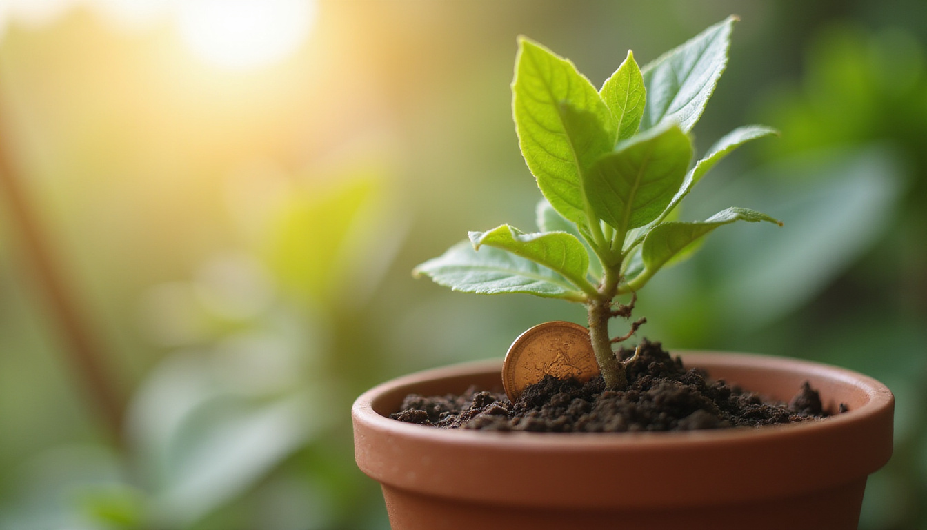 Close-up houseplant pot with tiny copper coin tucked in soil, morning light, hopeful mood