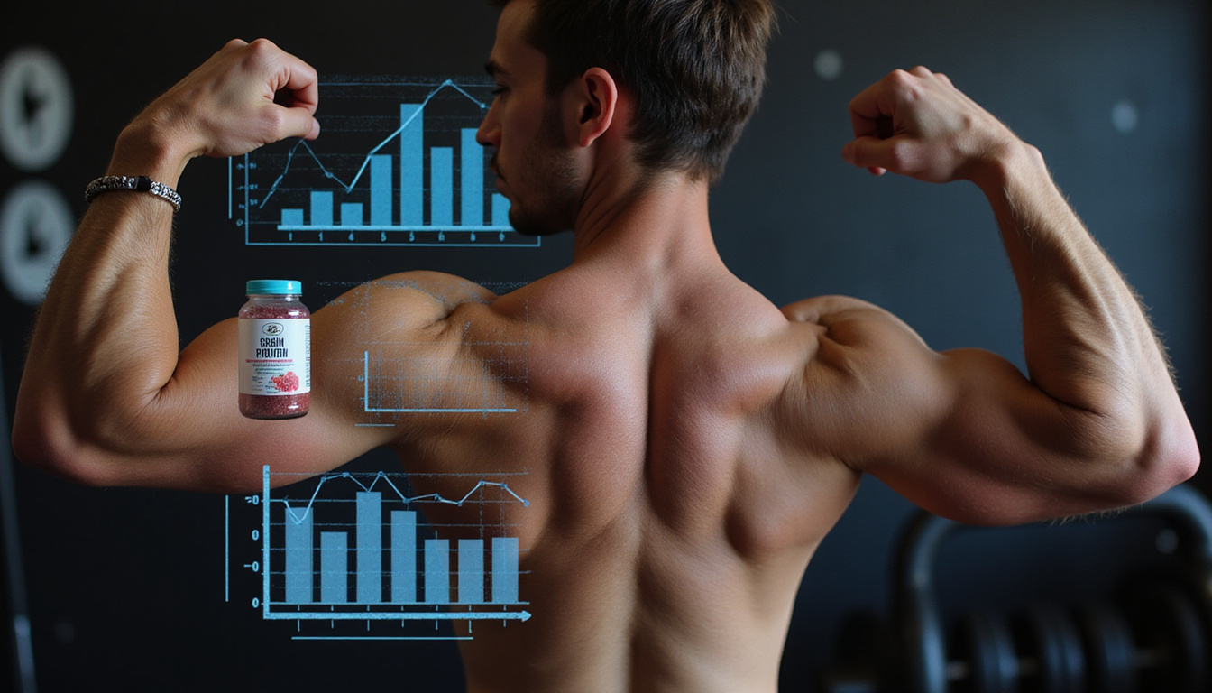  Close-up flexed arm with visible muscle fibers, scale, protein shake, scientific charts overlay