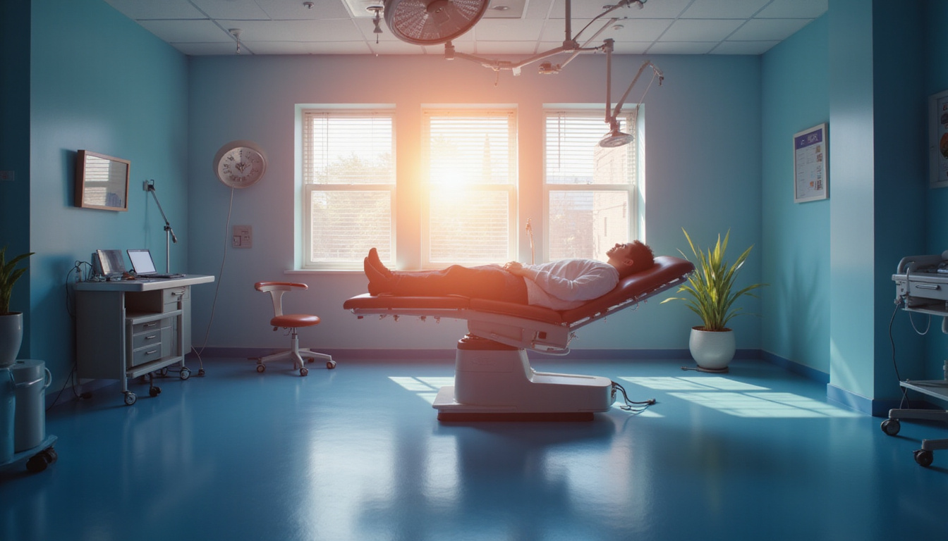  Minimal-incision operating room, patient relaxed, rays of light symbolizing chronic back pain relief
