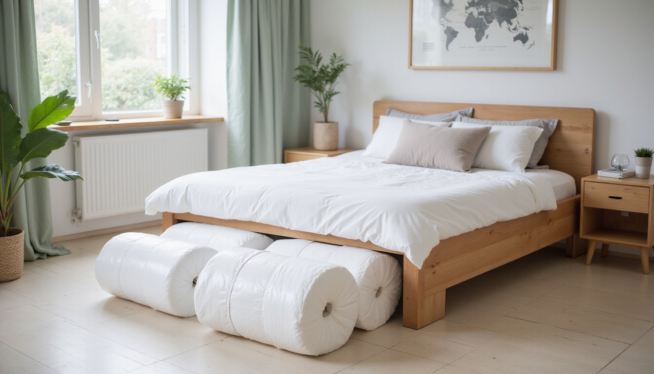 Space-saving styrofoam storage under bed: vacuum-sealed rolls, minimalist bedroom, eco-friendly tips poster