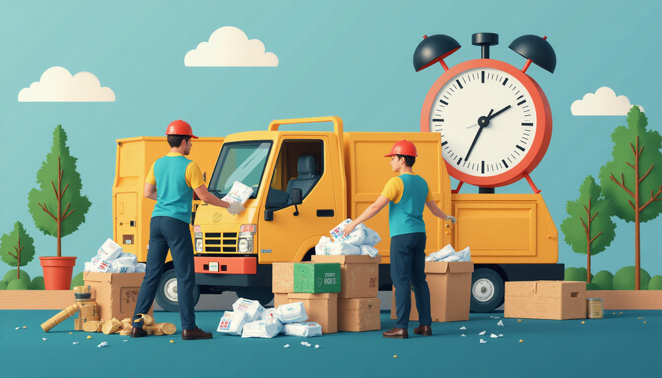  Time-lapse composition: workers sorting recyclable materials, streamlining hauling, invoice savings, clock overlay