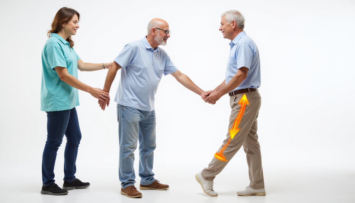  Physiotherapist guiding elderly man doing banded lateral walks, bright arrows showing hip abductor activation