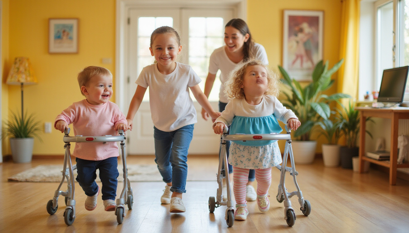  Inclusive children using adaptive walkers, joyful movement, supportive family, hopeful atmosphere, warm tones