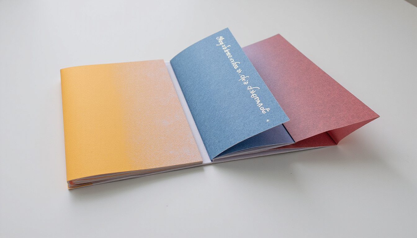 Row of premium printed materials: foil-stamped covers, perfect binding, die-cut pages, textured papers