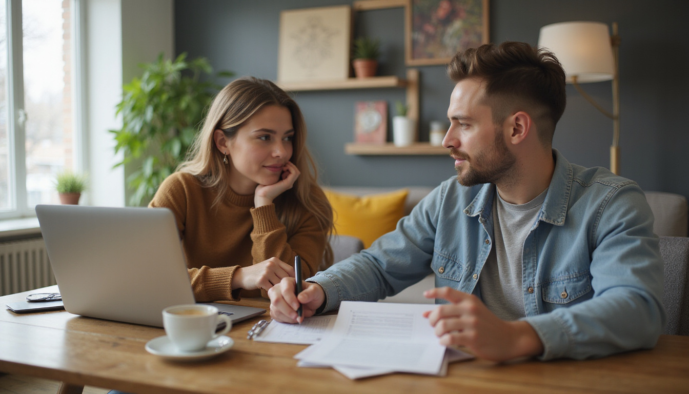  Young renter negotiating with friendly landlord over coffee, checklist and laptop on table, warm tones