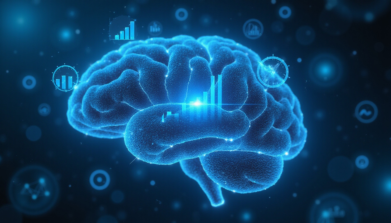  Abstract neural-network brain merging with glowing charts and strategy icons, cinematic lighting, high-tech blue palette
