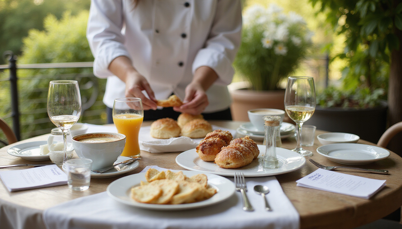  Chef preparing farm-to-table breakfast on sunlit terrace, fine china, personalized menu cards