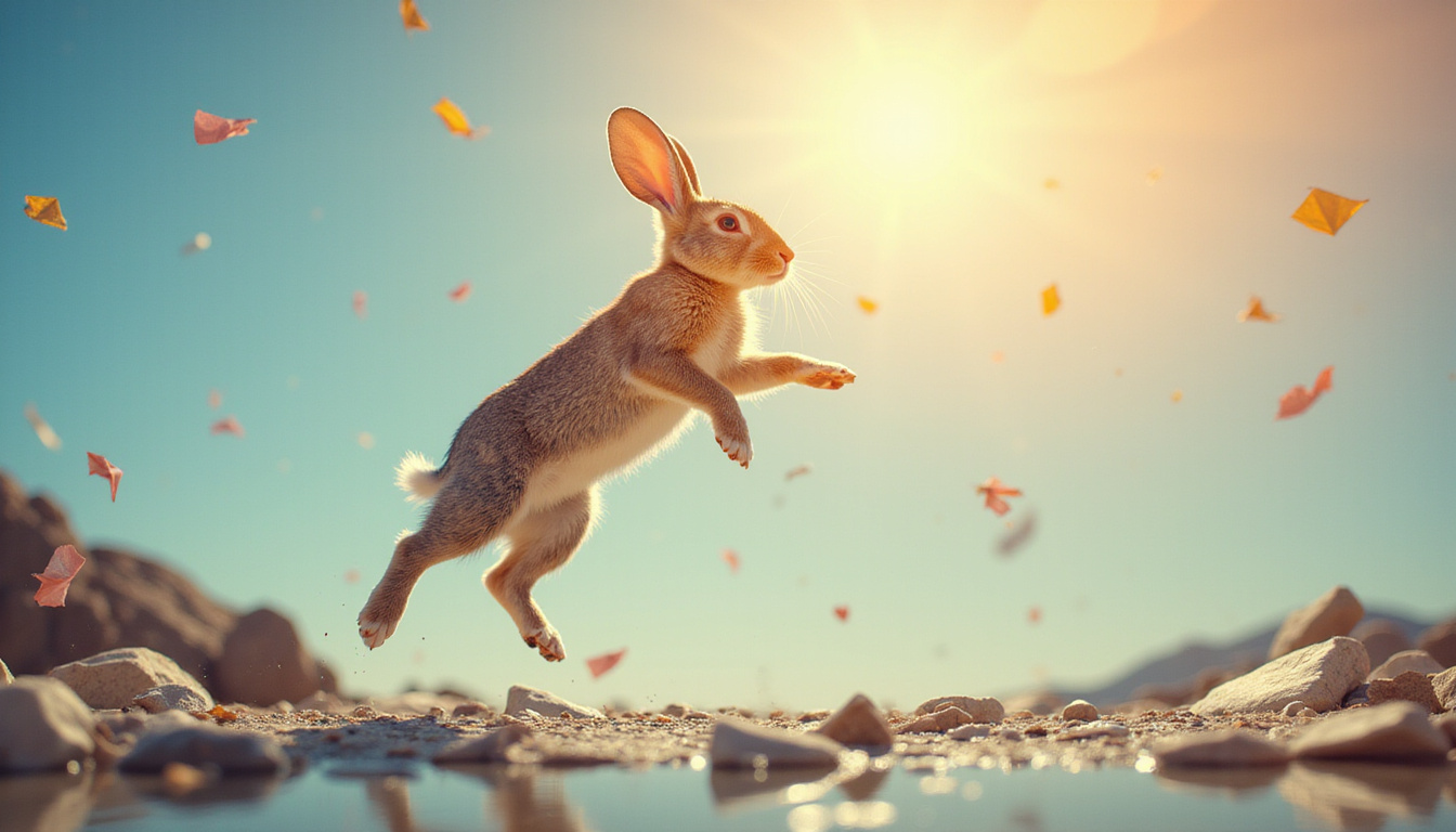  Free rabbit hopping away from broken talisman, floating data charts, sunlight, hopeful realism