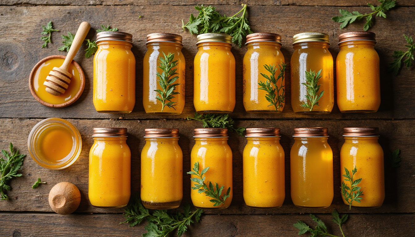 Warm flatlay of ten natural remedy jars, tulsi sprigs, honey, glowing energy, rustic background