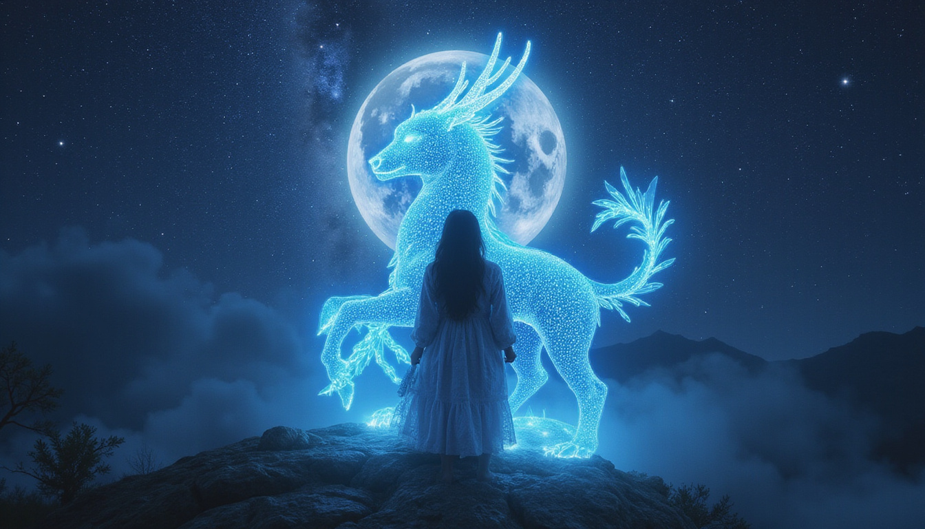  Bioluminescent spirit guide animal intertwined with human aura, glowing runes, moonlit revelation