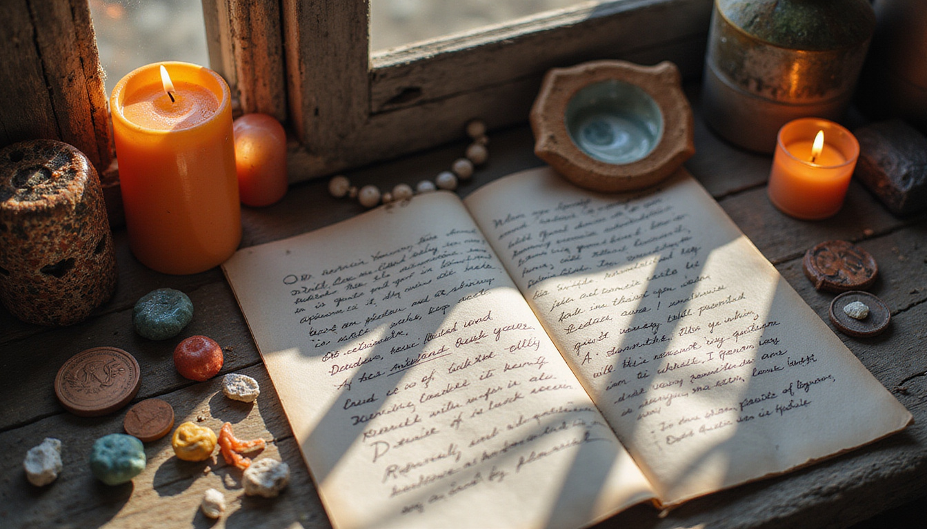  Modern ritual shrine with mismatched trinkets, handwritten notes, engraved coins, moonlit shadows