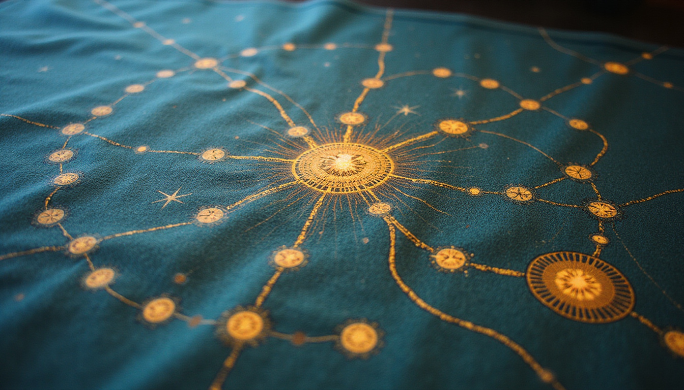 Silk map of luck, illuminated digits forming pathways to career briefcase and lovers, mystical fog
