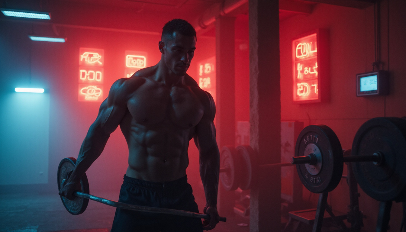 Weightlifter maintaining muscular silhouette amid keto meal aura, stopwatch, dynamic high-intensity gym lighting
