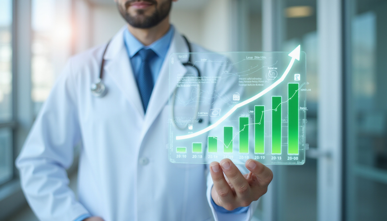  Modern clinic screen showing doctor, patient data, affordable care icons, green upward outcomes graph