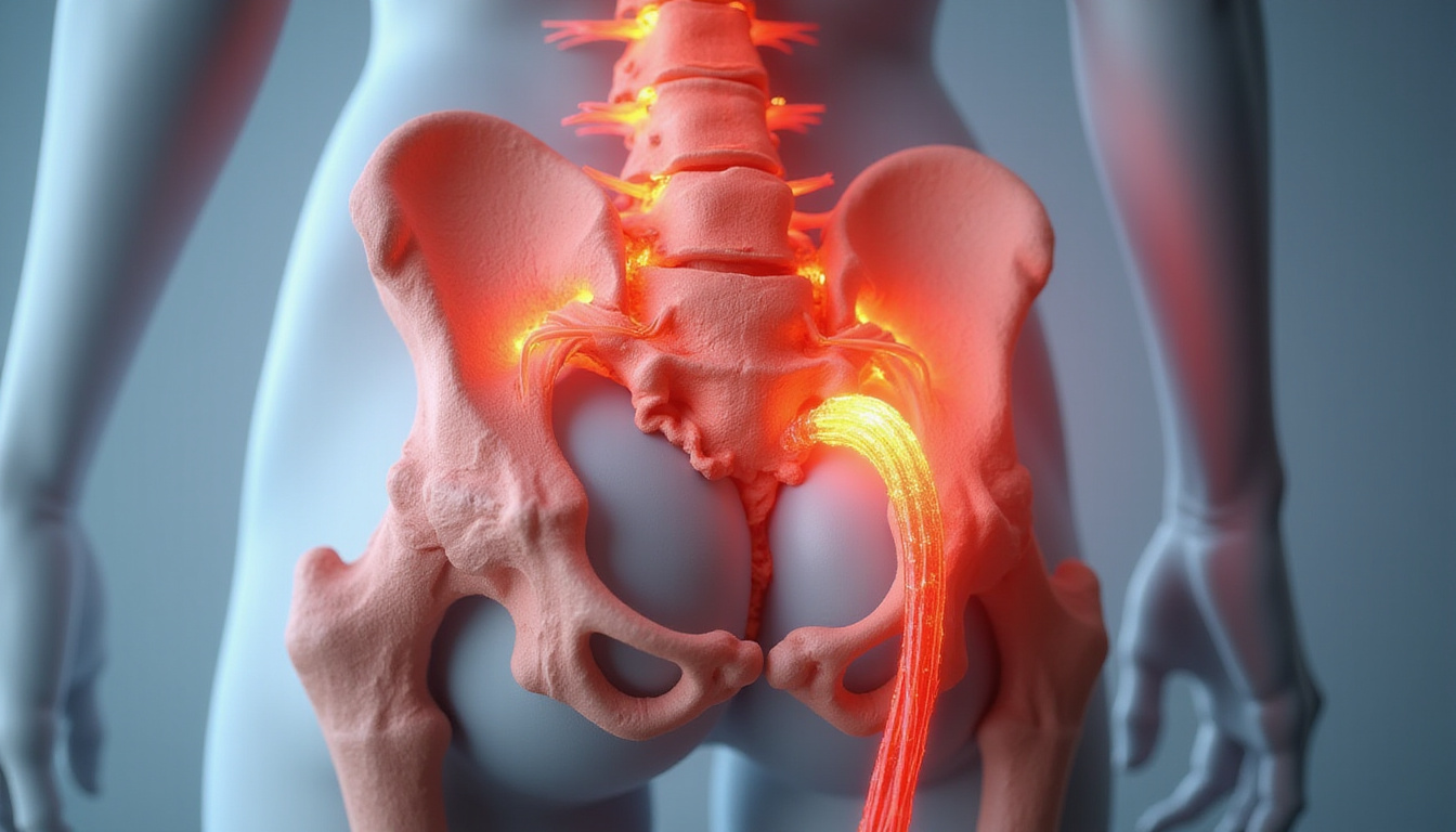 Realistic posterior pelvis anatomy, irritated superficial cluneal nerve trapped under tight fascia, red highlights