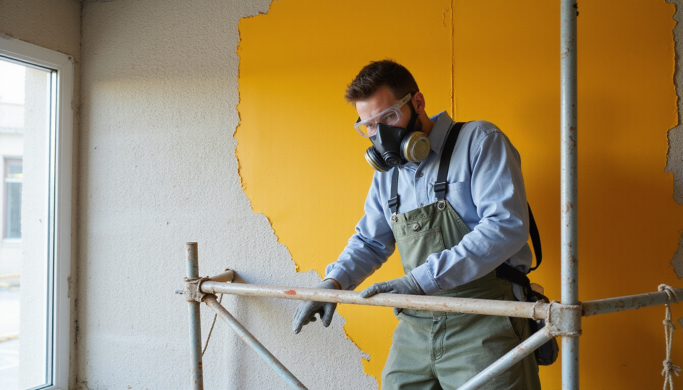 Careful professional stucco removal: worker in respirator, goggles, scaffolding, tarp, controlled dust containment