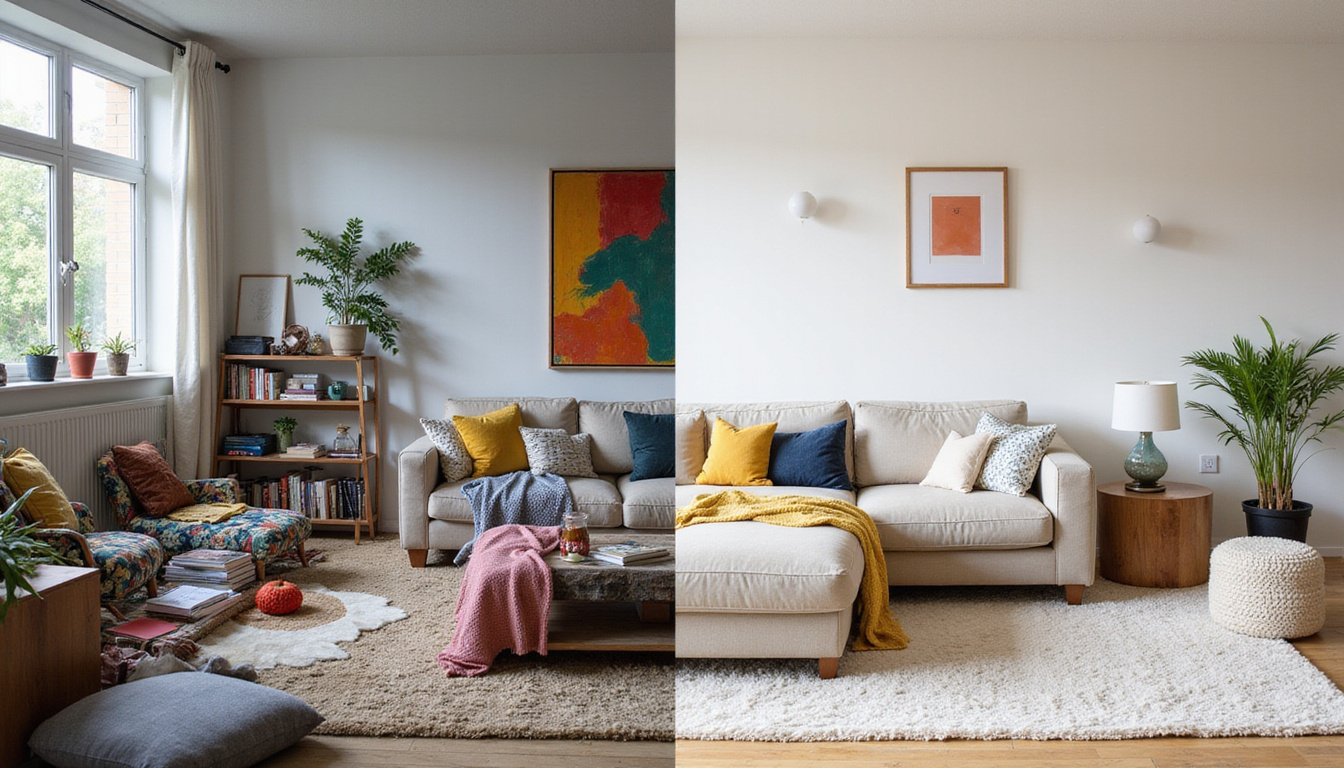  Before-and-after home interior split: cluttered chaotic living room transforms into minimalist serene space