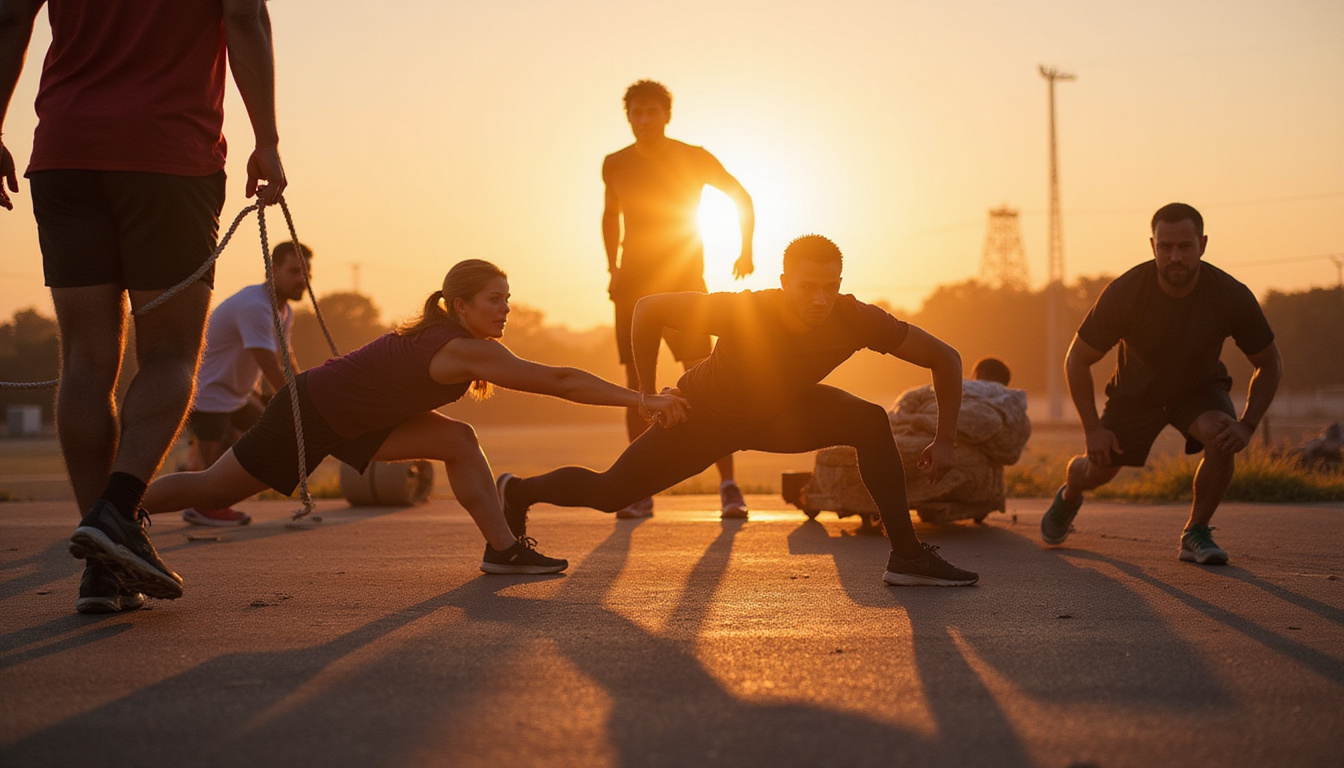  Outdoor training scene: group doing lunges, sled pushes, rope pulls at sunrise, powerful realism
