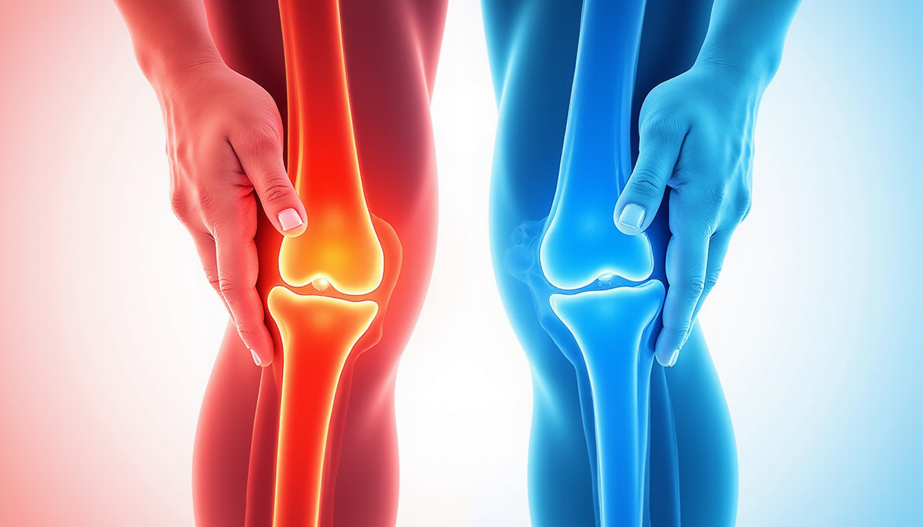  Close-up knee joint illustration transforming from inflamed red to healed blue, hands guiding exercise