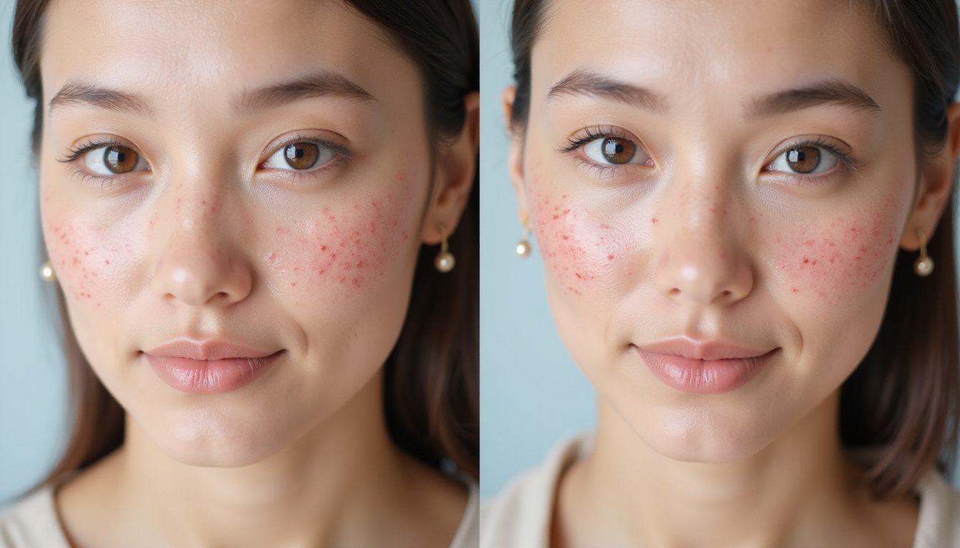  Split-screen clinical photograph before-and-after perifollicular inflammation, red bumps to smooth skin, topical treatment