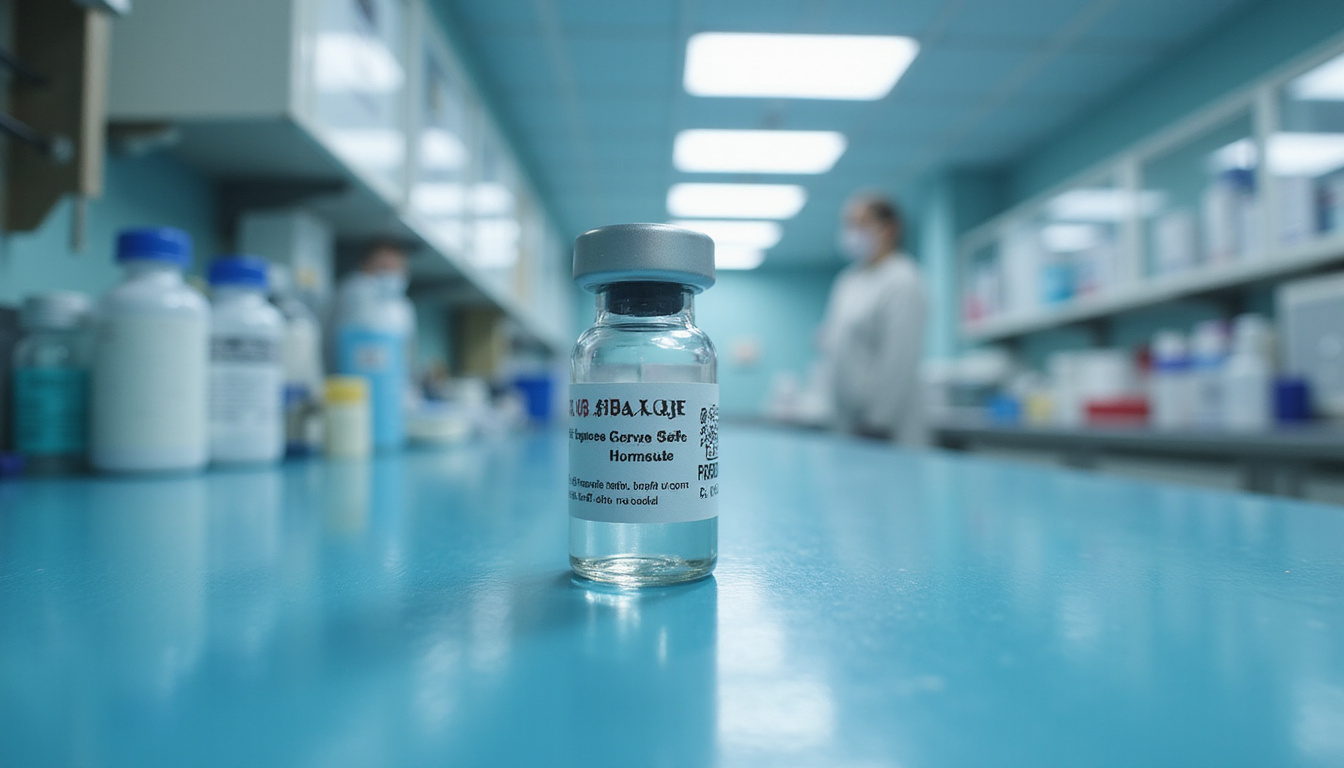  Sterile lab scene, clear labeled FDA-approved hormone vials, bright safe alternative glow