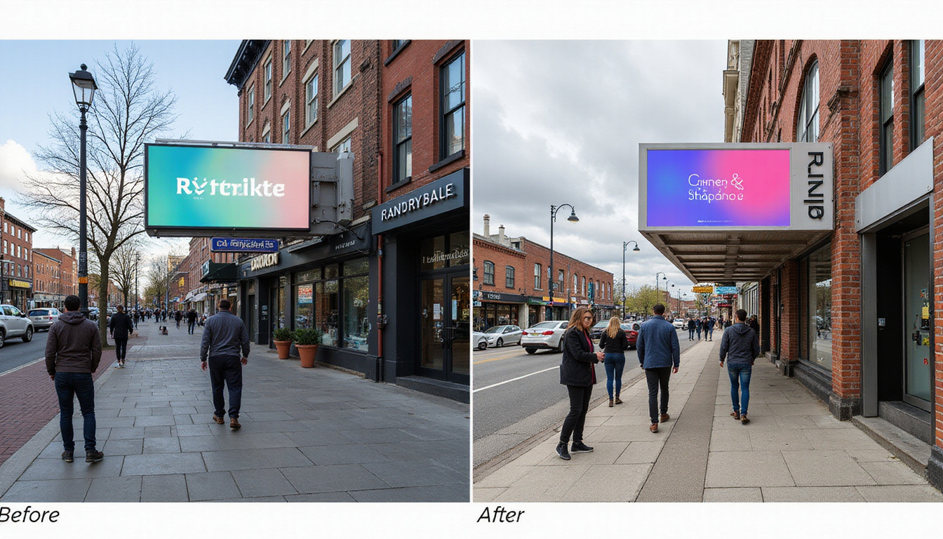 Before and after streetscape: modern branded signage boosting curb appeal, diverse pedestrians admiring