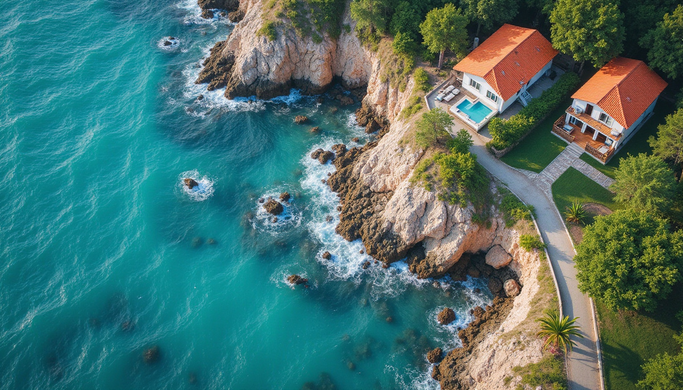 Aerial view of cliffside homes, turquoise ocean, property surveyor pointing, stormproof architecture