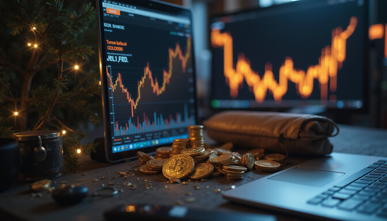  Data-hacker workspace, tablet displaying falling costs, rising bar charts, golden coins, dramatic lighting