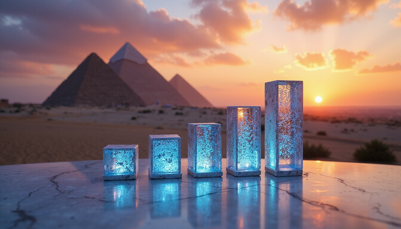 Pyramids at sunset behind modern hotel chain, growth charts hologram, Arabic typography, polished marble