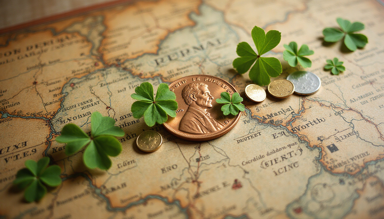 Antique penny transforming into cascading coins and four-leaf clovers over vintage fortune map