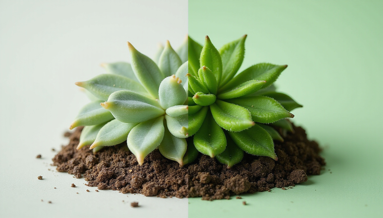  Split image: wilted pale jade vs transformed glossy green, fresh succulent soil, labeled care hacks