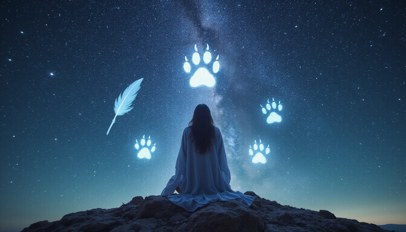  Shamanic figure decoding luminous pawprints and feathers, symbols rising into starry sky
